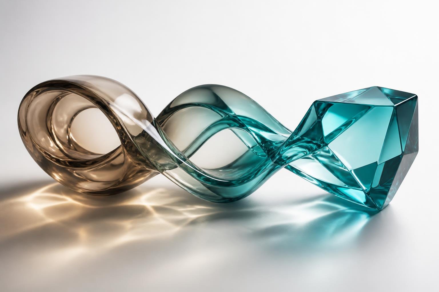 Three connected glass segments flowing from warm bronze into crystalline teal.