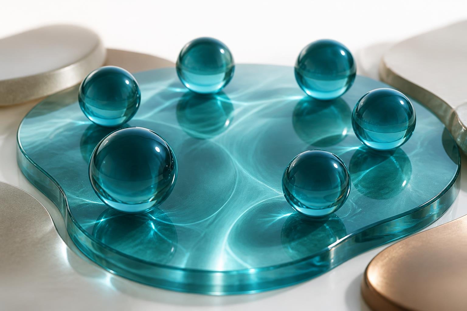 Six glass spheres on a translucent teal plane linked by channels of light.