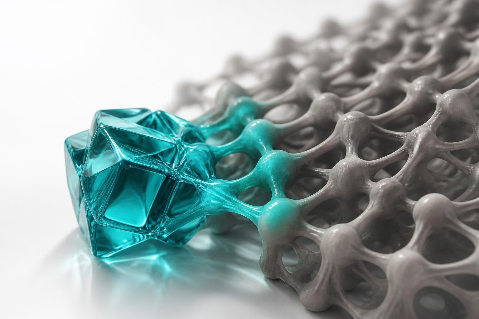 A crystalline teal structure merging into a gray lattice that is turning teal.